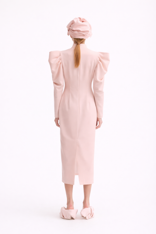 Crepe Midi Dress With Statement Sleeves – Pale Pink