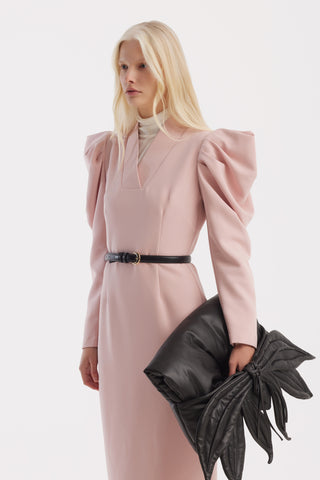 Crepe Midi Dress With Statement Sleeves – Pale Pink