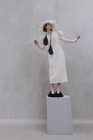 Crepe Midi Dress With Statement Sleeves – Ivory