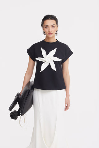 Crew-Neck Jersey T-Shirt With Flower - Black