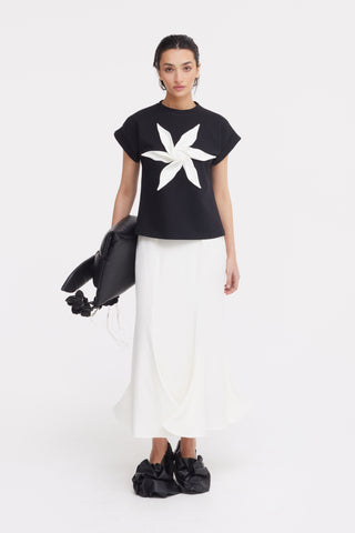 Crew-Neck Jersey T-Shirt With Flower - Black