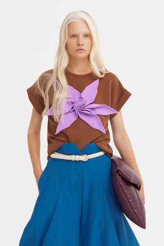 Crew-Neck Jersey T-Shirt With Flower - Brown