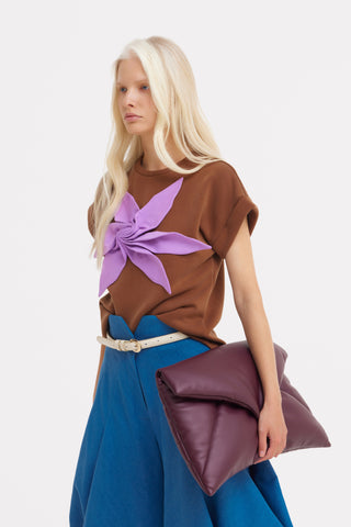 Crew-Neck Jersey T-Shirt With Flower - Brown