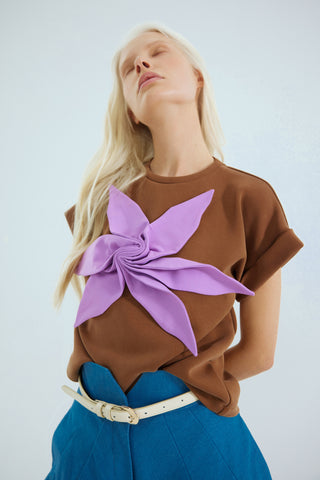 Crew-Neck Jersey T-Shirt With Flower - Brown