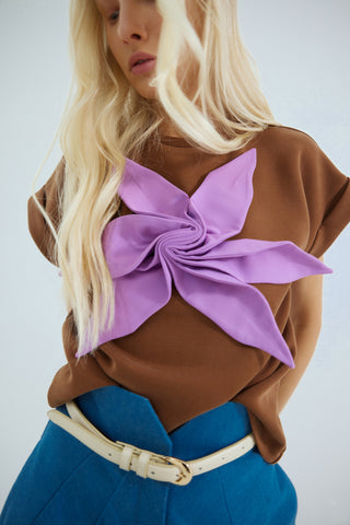 Crew-Neck Jersey T-Shirt With Flower - Brown