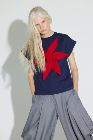Crew-Neck Jersey T-Shirt With Flower - Dark Blue