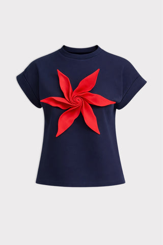 Crew-Neck Jersey T-Shirt With Flower - Dark Blue