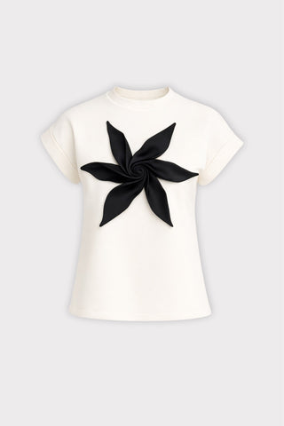 Crew-Neck Jersey T-Shirt With Flower - Off-White