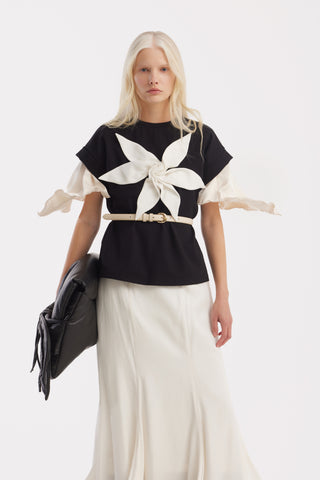 Crew-Neck Jersey T-Shirt With Flower - Black