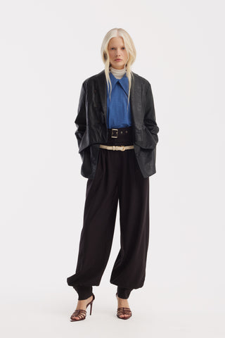 Croc-Effect Faux Leather Wrap Blazer Jacket – Black