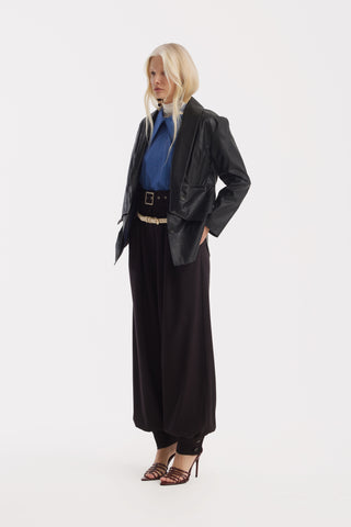 Croc-Effect Faux Leather Wrap Blazer Jacket – Black