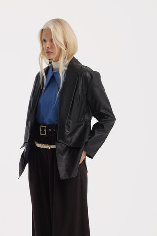 Croc-Effect Faux Leather Wrap Blazer Jacket – Black