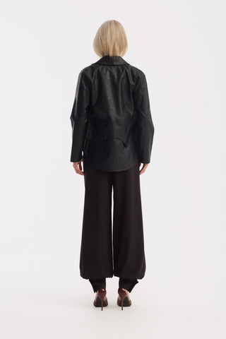 Croc-Effect Faux Leather Wrap Blazer Jacket – Black