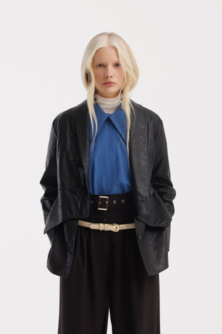 Croc-Effect Faux Leather Wrap Blazer Jacket – Black