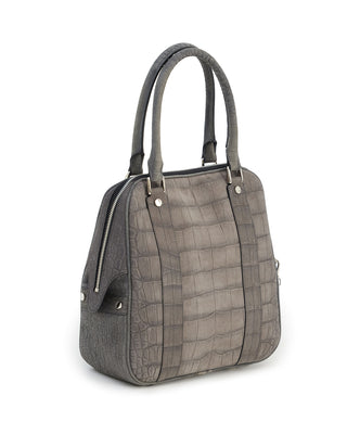 Croco Texture Leather Tote Handbag Grey Small