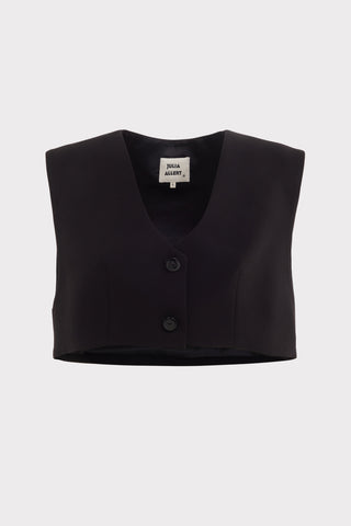 Cropped Button-Front Vest - Black