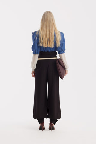 Designer Plaid Puff Sleeve Blouse – Blue