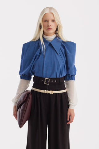 Designer Plaid Puff Sleeve Blouse – Blue