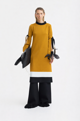 Designer Straight Slit-Sleeve Midi Dress – Mustard Black