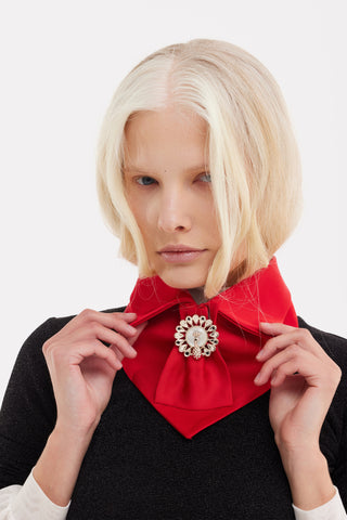 Detachable Satin Jabot Collar With Brooch – Red