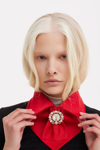 Detachable Satin Jabot Collar With Brooch – Red