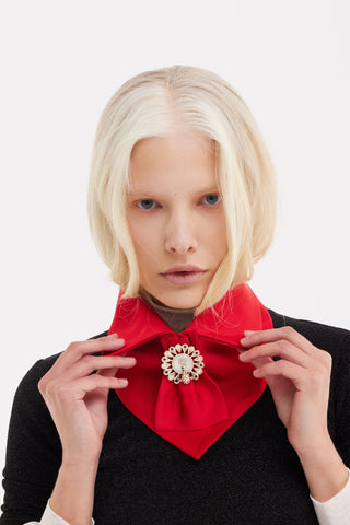 Detachable Satin Jabot Collar With Brooch – Red