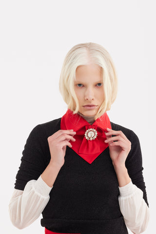 Detachable Satin Jabot Collar With Brooch – Red