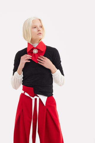 Detachable Satin Jabot Collar With Brooch – Red