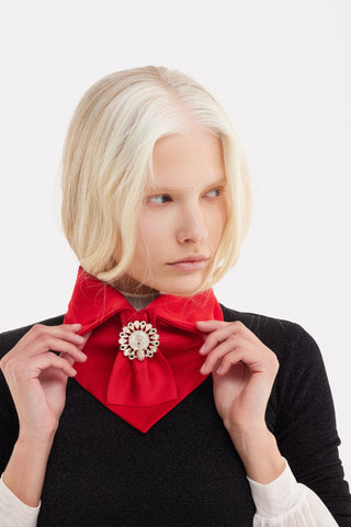 Detachable Satin Jabot Collar With Brooch – Red