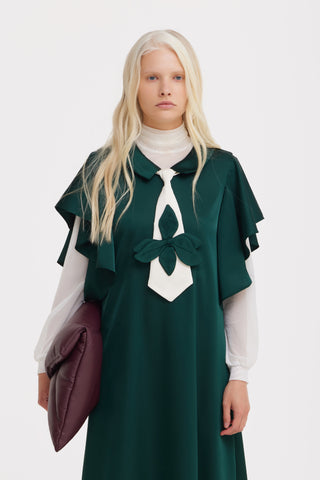 Double-Layer Satin Midi Dress With Tie Detail – Emerald Green