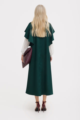 Double-Layer Satin Midi Dress With Tie Detail – Emerald Green