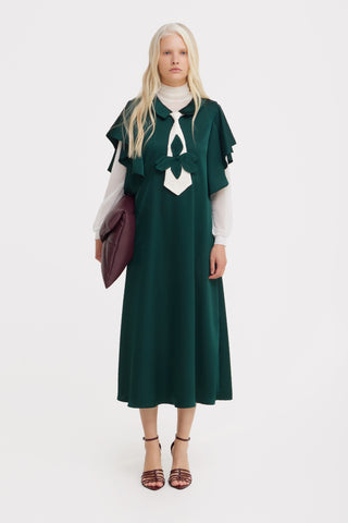 Double-Layer Satin Midi Dress With Tie Detail – Emerald Green