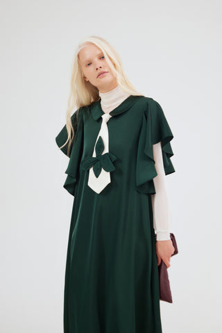 Double-Layer Satin Midi Dress With Tie Detail – Emerald Green