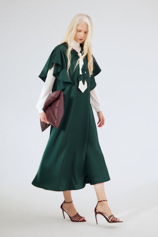Double-Layer Satin Midi Dress With Tie Detail – Emerald Green