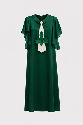 Double-Layer Satin Midi Dress With Tie Detail – Emerald Green