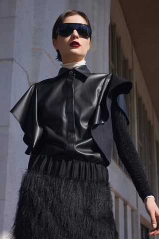 Draped Faux Leather Shirt – Black