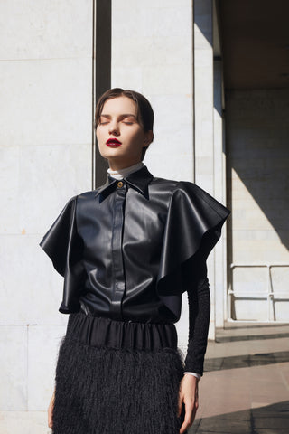 Draped Faux Leather Shirt – Black