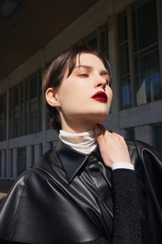 Draped Faux Leather Shirt – Black
