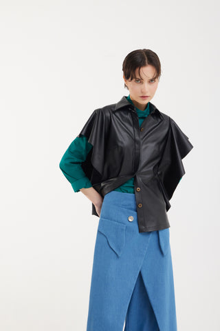 Draped Faux Leather Shirt – Black