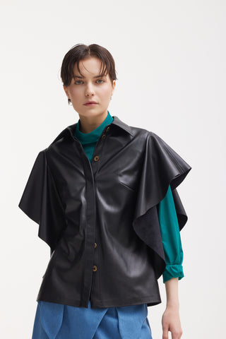 Draped Faux Leather Shirt – Black