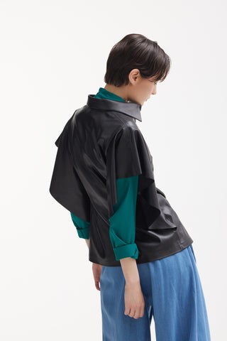 Draped Faux Leather Shirt – Black