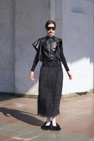 Draped Faux Leather Shirt – Black