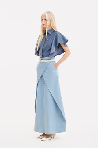 Draped Faux Leather Shirt – Pale Blue