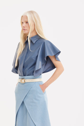 Draped Faux Leather Shirt – Pale Blue