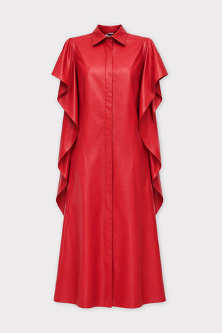 Draped Sleeve Faux Leather Midi Dress – Red