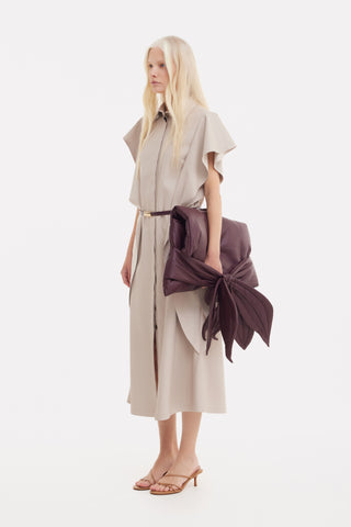 Draped Sleeve Faux Leather Midi Dress – Beige