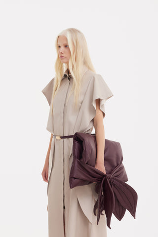 Draped Sleeve Faux Leather Midi Dress – Beige