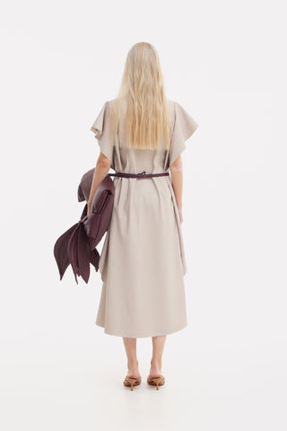 Draped Sleeve Faux Leather Midi Dress – Beige