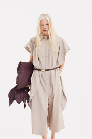 Draped Sleeve Faux Leather Midi Dress – Beige