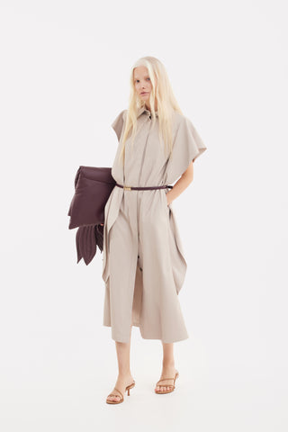 Draped Sleeve Faux Leather Midi Dress – Beige